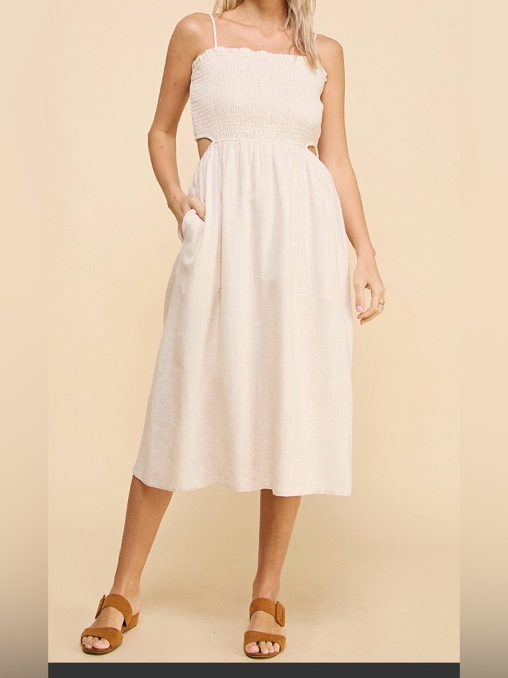 Smocked Midi Dress in Cream - Sleeveless Summer Dress